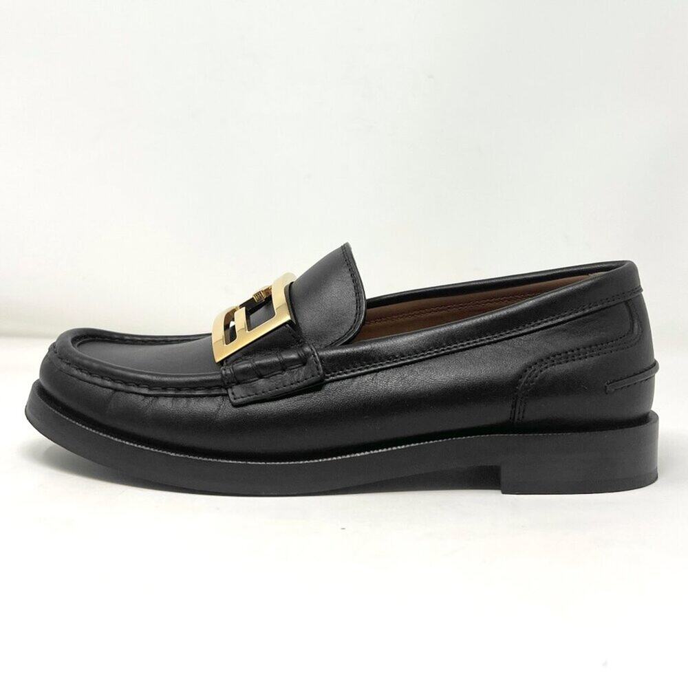 Fendi Black Leather Loafers FF Logo Gold Hardware Flats 39 - Picture 2 of 10